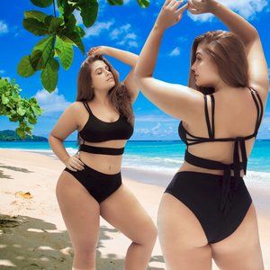 High Waist Bikini Womens Plus Size 1x 2x Black Underboob Style Swimwear